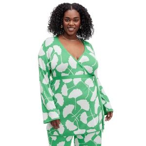 DVF Furstenburg Green Ginkgo V-Neck Sweater Set Top & Flare Pants 3X NEW